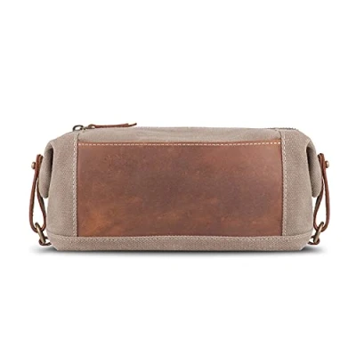 Abbildung von LONDO Kulturbeutel aus echtem Leder und Canvas Reise Dopp Kit Unisex (Hellbraun)