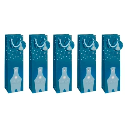 Abbildung von SIGEL GT054/5 Flaschen Geschenktüten aus Papier 5er Set 35 x 10 cm petrolblau Weihnachten &quot;Polar bear with candle&quot;