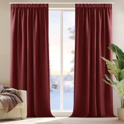 Abbildung von Deconovo Vorhang Blickdichte Vorhänge mit Kräuselband Schlafzimmer Gardine Balkon Dicke Thermogardine Kälteschutz Warm Hitzeschutz, 214x132 cm(HöhexBreite), Rot, 2er Set