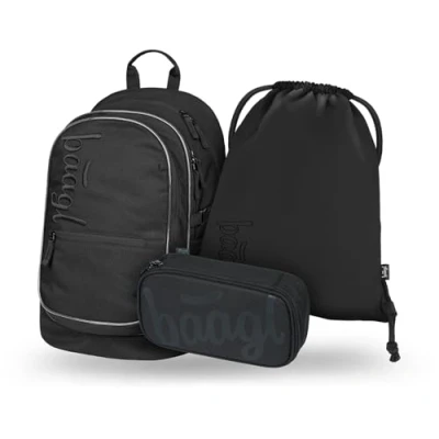Abbildung von Baagl Schulrucksack Set Jungen Mädchen 3 Teilig, Schultasche für Grundschule Volksschule, Ranzen mit Brustgurt, Ergonomischer Schulranzen (Uni Schwarz)
