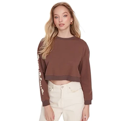 Abbildung von Trendyol Damen Rundhalsausschnitt, einfarbig Sweatshirt, braun, 46
