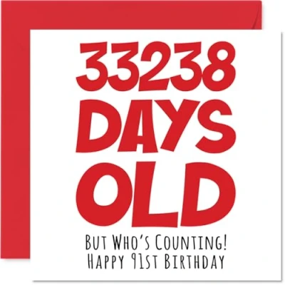 Abbildung von Stuff4 Geburtstagskarte zum 91. Geburtstag für Männer und Frauen 33238 Tage alt lustige Großmutter, Großvater, Oma, Mama, Papa, 145 mm x