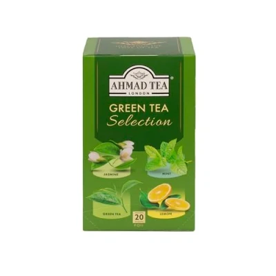 Abbildung von Ahmad Tea Green Selection Sortiment aus grünem Tee Klassisch, Jasmin, Minze, Zitrone Einzeln Verpackt &amp; Aromaversiegelt 20 Teebeutel mit Band