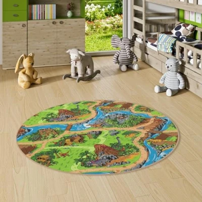 Abbildung von Snapstyle Kinderteppich Strassenteppich Spiel Teppich Dino Welt Grün Rund in 7 Größen