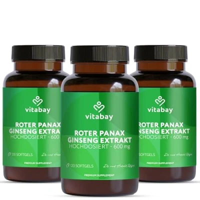 Abbildung von Vitabay Roter Ginseng Kapseln Hochdosiert 600mg 360 Panax Extrakt Vegan Liefert 20% Ginseniode Laborgeprüft &amp; ohne unerwünschte Zusätze