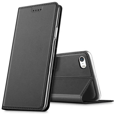 Abbildung von Verco Handyhülle für iPhone SE, Premium Handy Flip Cover Apple 5S Hülle [integr. Magnet] Book Case PU Leder Tasche, Schwarz