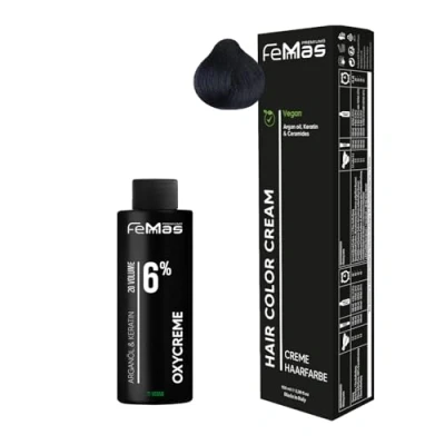 Abbildung von Femmas Haarfarbe Set Blauschwarz 1.1 I Hair Color Cream 100ml + Oxycreme 6% Permanente Haar Coloration Entwickler Schonend &amp; langanhaltend Salon für Zuhause