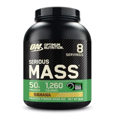 Abbildung von Optimum Nutrition Serious Mass hochkalorisches Proteinpulver für Masseaufbau mit 25 Vitaminen und Mineralien, Kreatinmonohydrat Glutamin, Bananengeschmack, 8 Portionen, 2,73 kg