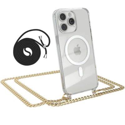 Abbildung von EAZY CASE Handykette kompatibel mit iPhone 15 Pro Max Kette zum Umhängen Stoßfest Handyhülle für Silikon Hülle Band aus Metall Transparent als Fallschutz in Gold