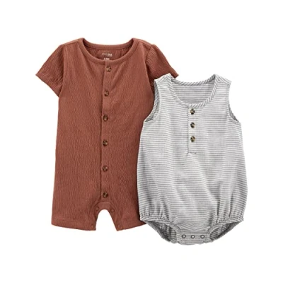 Abbildung von Simple Joys by Carter&#039;s Baby Jungen Button Rompers, Pack of 2 Strampler, Braun/Grau Streifen, 0 3 Monate (2er Pack)