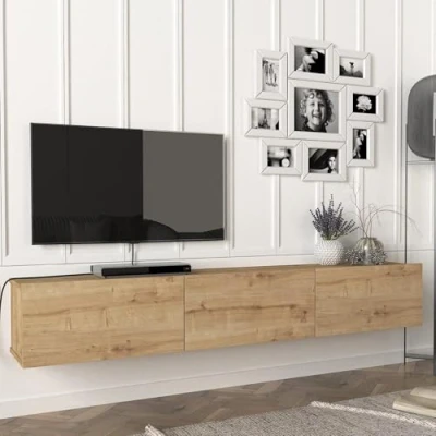 Abbildung von [en.casa] Fernsehschrank Vihti mit 3 Staufächern Lowboard 180x31x29,5cm Hängeboard schwebend Eiche