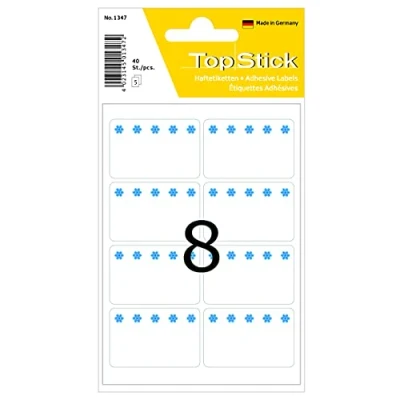Abbildung von TopStick 1347 Tiefkühletiketten, 400 Stück, 40 x 26 mm, 8 pro Bogen, selbstklebend, matt, blanko Papier Gefrieretiketten zum Beschriften, Klebeetiketten Aufkleber für Gefriergut, weiß