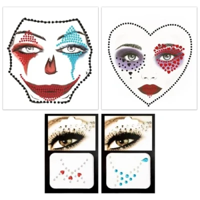 Abbildung von BOFUNX 4 Stücke Harlekin Gesichtstattoo Karneval Clown Glitzer Gesicht Sticker Strasssteine Aufkleber für Fasching Mottoparty Halloween Cosplay