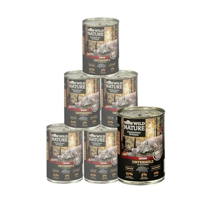Abbildung von Dehner Wild Nature Katzenfutter Unterholz, Nassfutter getreidefrei / zuckerfrei, für ältere Katzen, Wildschwein, 6 x 400 g Dose, (2.4 kg)