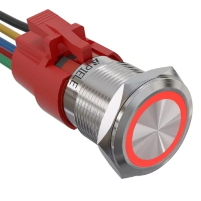 Abbildung von APIELE 19MM Verriegelung Druckschalter 12VDC 5A, Edelstahl mit LED Ringbeleuchtung wasserdicht Latch Drucktastenschalter vorverdrahtetem Stecker, Auto RV LKW Boot EIN/AUS Taste Schalter (Rot)