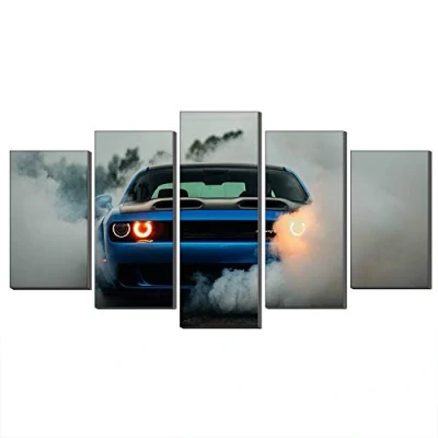 Abbildung von Annick Goutal Blau Dodge Challenger SRT Hellcat Widebody Leinwand ölgemälde Wandkunst 5 Panels Sportwagen Bild Kunstwerk Für Wohnkultur (Kein Rahmen,75 x 150 cm)