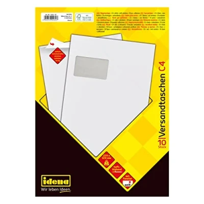 Abbildung von Idena 10232 Versandtaschen DIN C4, 10 Stück haftklebend, Umschläge mit Fenster, aus 90 g/m² FSC Mix Papier in Weiß