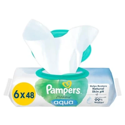 Abbildung von Pampers Harmonie Aqua Feuchttücher 6 Packungen mit jeweils 48 Feuchttüchern, 288 Feuchttücher, die helfen, den natürlichen pH Wert der Haut wiederherzustellen, leichte Lotion 99 Prozent Wasser
