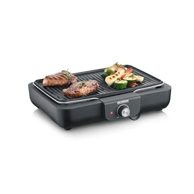 Abbildung von SEVERIN Tischgrill mit Grillplatte, für drinnen und draußen, Alu Druckgussplatte, Elektrogrill schnellem Grill Start, einstellbar bis zu 230C, 2.200 W, schwarz, PG 8556