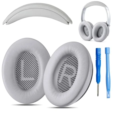 Abbildung von AHG Ersatz Ohrpolster QC35 / ii und Kopfpolster ii. Kompatibel mit Bose QuietComfort 35 Kopfhörern (Grau). Premium Proteinleder Dauerhaft