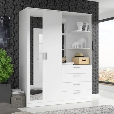 Abbildung von FORTE DEWANIA Kleiderschrank 160, Schrank mit offenen Regalfächern und Spiegel, Holzwerkstoff, Weiß, 159,3 cm breit, 203,4 hoch, 52,7 tief