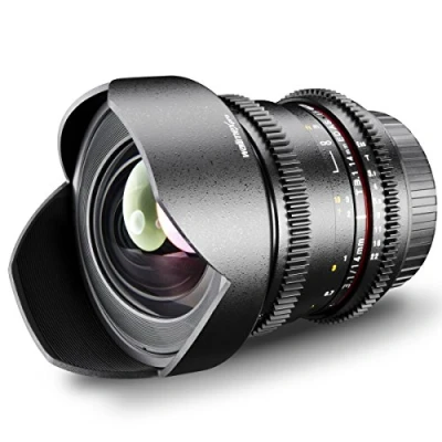 Abbildung von Walimex Pro 14mm 1:3,1 VDSLR Foto und Videoobjektiv (inkl. fester Gegenlichtblende, IF, Zahnkranz, stufenlose Blende Fokus, Weitwinkelobjektiv) für Olympus Four Thirds Objektivbajonett schwarz
