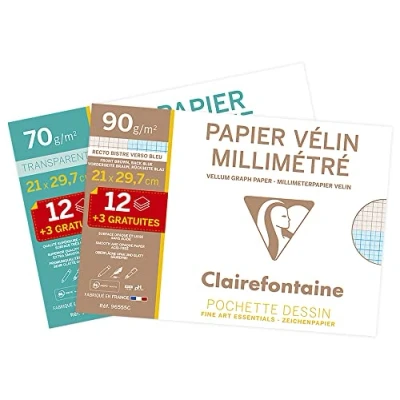 Abbildung von Clairefontaine 196854AMZC Set mit 1 Packung Milimetepapier 90g + Transparentpapier 70/75g, 2 Pack