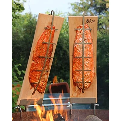 Abbildung von Czaja Räucherbrett Flammlachsbrett 2er Set aus Buchenholz mit Halterungen Edelstahl, und Edelstahl