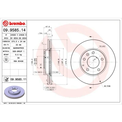 Abbildung von BREMBO COATED DISC LINE 09.9585.11 Bremsscheibe 274 24 5 innenbelüftet beschichtet MAZDA: 6 Hatchback, Limousine, Station Wagon