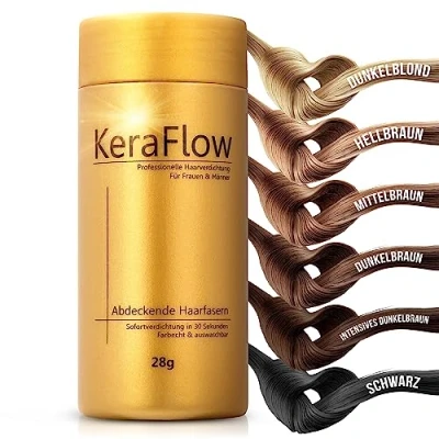 Abbildung von KeraFlow Streuhaar, HELLBRAUN 28g, Schütthaar zur Haarverdichtung, Kaschiert Haarausfall in 10 Sekunden, Hilft bei dünnen Haaren und lichte Stellen auf dem Kopf, Unisex Haarpulver, Haarpuder