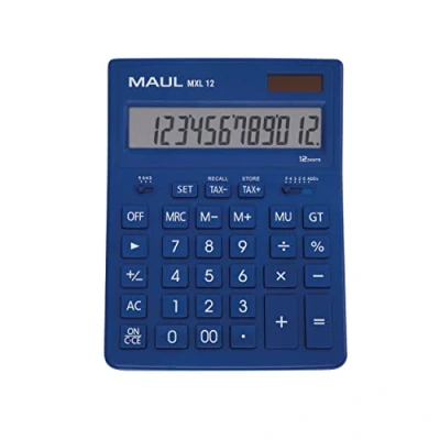 Abbildung von MAUL Kaufmännischer Taschenrechner MXL12 12 Stellen inkl. Steuerberechnung angewinkeltes Display großer Profi Tischrechner Solarbetrieben inklusive Batterie 20,5 x 15,5 cm Blau