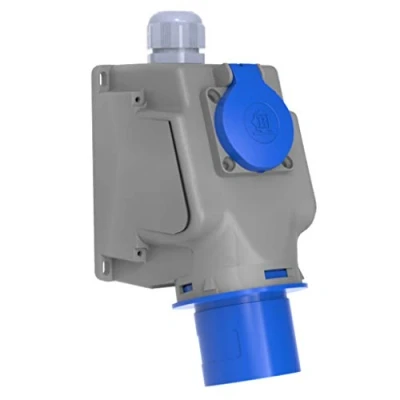 Abbildung von AW Tools Camping Wand Stecker CEE 32A/230V 2P+ E Caravan Boot IP44 + 1 x 230V Schuko Dose