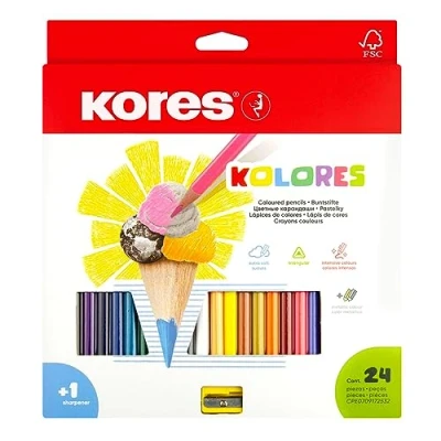 Abbildung von Kores Kolores: 24 Farbstifte für Kinder, Anfänger und Erwachsene mit weicher Mine dreieckiger Form, Set ausgewählten Farben inklusive Spitzer.