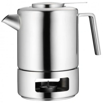 Abbildung von WMF Kult Teekanne mit Stövchen Set 2 teilig, Cromargan Edelstahl mattiert, Kanne 1,2 L Siebeinsatz und Stövchen, für Heiß Kaltgetränke, Silber