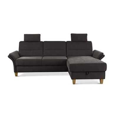 Abbildung von CAVADORE Ecksofa Wyk mit Federkern / Eckcouch im Landhaus Stil Longchair, 2 Kopfstützen + Holzfüßen 252 x 90 162 Chenille, Braun