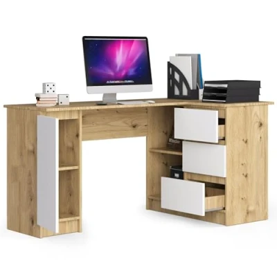 Abbildung von BDW Eckschreibtisch Rechts, 3 Schubladen und 4 Einlegeböden, viel Platz zum Ausbreiten, für Jugendzimmer, Büros Ateliers, Computertisch, Arbeitstisch, Bürotisch, 155x77x98, Eiche Artisan/Weiss