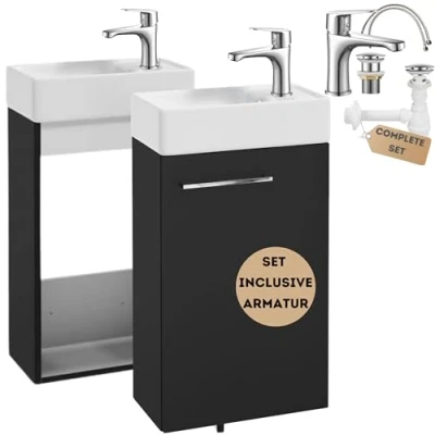 Abbildung von Deftrans Hängeschrank Schwarz Badmöbel Set mit Waschbecken und Armatur, kompakt: 40 x 60 21,3 cm, Badschrank schmal, Waschtisch Unterschrank modernes Design für Ihr Badezimmer