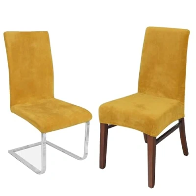 Abbildung von LANSHENG Stretchy Stuhlbezüge für Esszimmerstühle, Stretch Spandex mit Gummiband Stuhlbezug,Velvet Large Dining Chair Schonbezüge Restaurant Hotel Party Bankett (Senf,2 Pack(M))