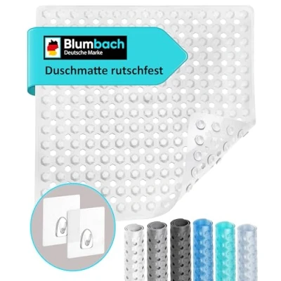 Abbildung von Blumbach Duschmatte griffige Antirutschmatte Diamant 53 x cm, 100% BPA frei, inkl. 2 Haken zum Aufhängen, Duscheinlage, schimmelressisten &amp; maschinenwaschbar