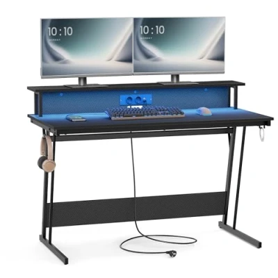 Abbildung von VASAGLE Schreibtisch, Gaming Tisch mit eingebauter Steckdosenleiste, Computertisch, Monitorständer für 2 Monitore, Schlafzimmer, 55 x 135 76 cm, kohlschwarz LWD117B02