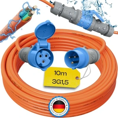 Abbildung von maxgo Camping Stromkabel 10m Wohnwagen Kabel Wohnmobil CEE Stecker Verlängerungskabel Orange 3x1,5 Campingkabel 10 Meter Strom Verlängerung H07BQ F PUR Outdoor Mennekes