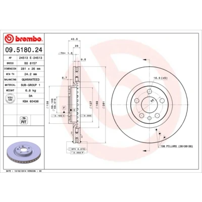 Abbildung von BREMBO 09.5180.24 Bremsscheibe 281 26 5 innenbelüftet FIAT: Ulysse I, Scudo I Kombi, Kastenwagen