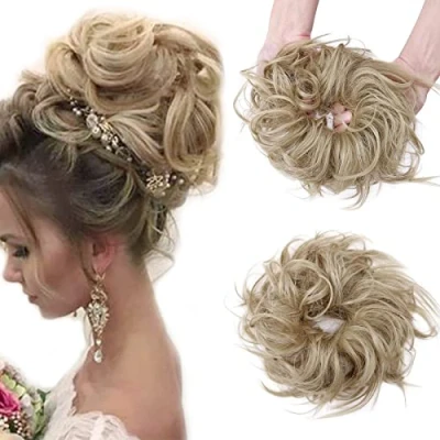 Abbildung von Hair Extensions XXL Haarteil Haargummi Hochsteckfrisuren Brautfrisuren VOLUMINÖS gewellter unordentlicher Dutt Scrunchie Graublond