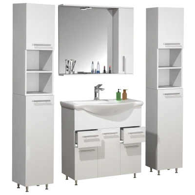 Abbildung von VCM 5 TLG. Waschplatz Waschtisch Badmöbel Set Waschbecken Schubladen Drehtüren Spiegelschrank Hochschrank Lisalo XL Weiß