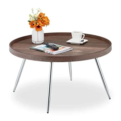 Abbildung von Relaxdays Coffee Table Beistelltisch, runder Sofatisch, HxD: 42x78 cm, Vintage Holzoptik, Wohnzimmertisch MDF &amp; Stahl, braun/Silber, 60 40% Faserplatte