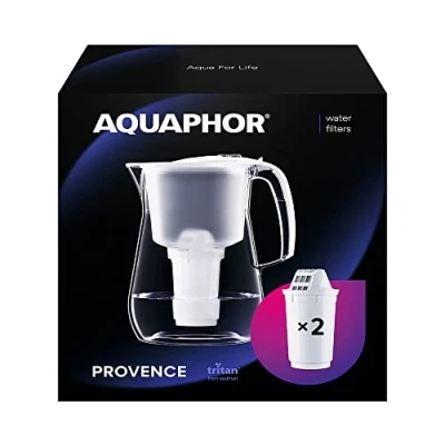 Abbildung von AQUAPHOR Wasserfilter Provence Weiß inkl. 2 A5 Filter mit Magnesium I Karaffe für 4,2l Großer WasserfiIter in Glasoptik Reduziert Kalk &amp; Chlor Tischwasserfilter Stylischer Behälter