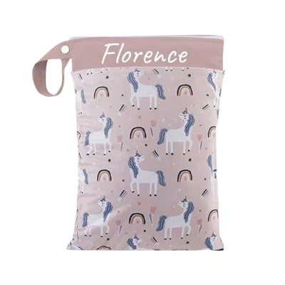 Abbildung von Nasstasche für Kita Wechselwäsche, Wasserdicht, Waschbar, mit Reißverschluss, Personalisierbar, Name, Kindergarten, Strand, Sport (Unicorns Rose)