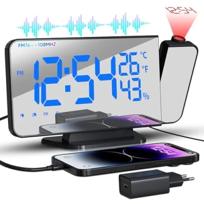 Abbildung von TAKRINK Wecker Digital Radiowecker mit 4 Stufen Bildschirmhelligkeit Projektionswecker Temperatur Projektion Dual Alarm Type C Ladegerät 180 Projektor 12/24H
