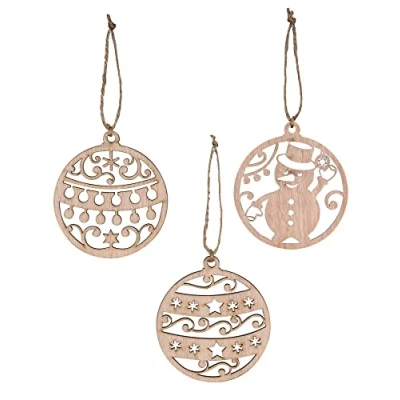 Abbildung von levandeo 3er Set Deko Anhänger Weihnachten Holz Birkenholz Schneemann Kugel Baumschmuck Weihnachtsdeko Christbaumschmuck Holzanhänger