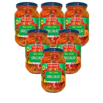 Abbildung von Euro East Grillsalat 6er Pack im Glas x 460g vegan, glutenfrei Gewürzgurkensalat mit Karotten, Paprika und Zwiebeln